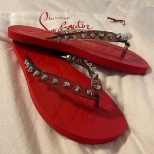 Christian Louboutin red and black studded flip flop sandals